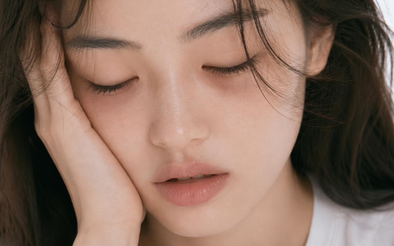 눈을 감고 턱을 괸 채 피곤해 보이는 얼굴, 어둡고 칙칙한 눈 밑