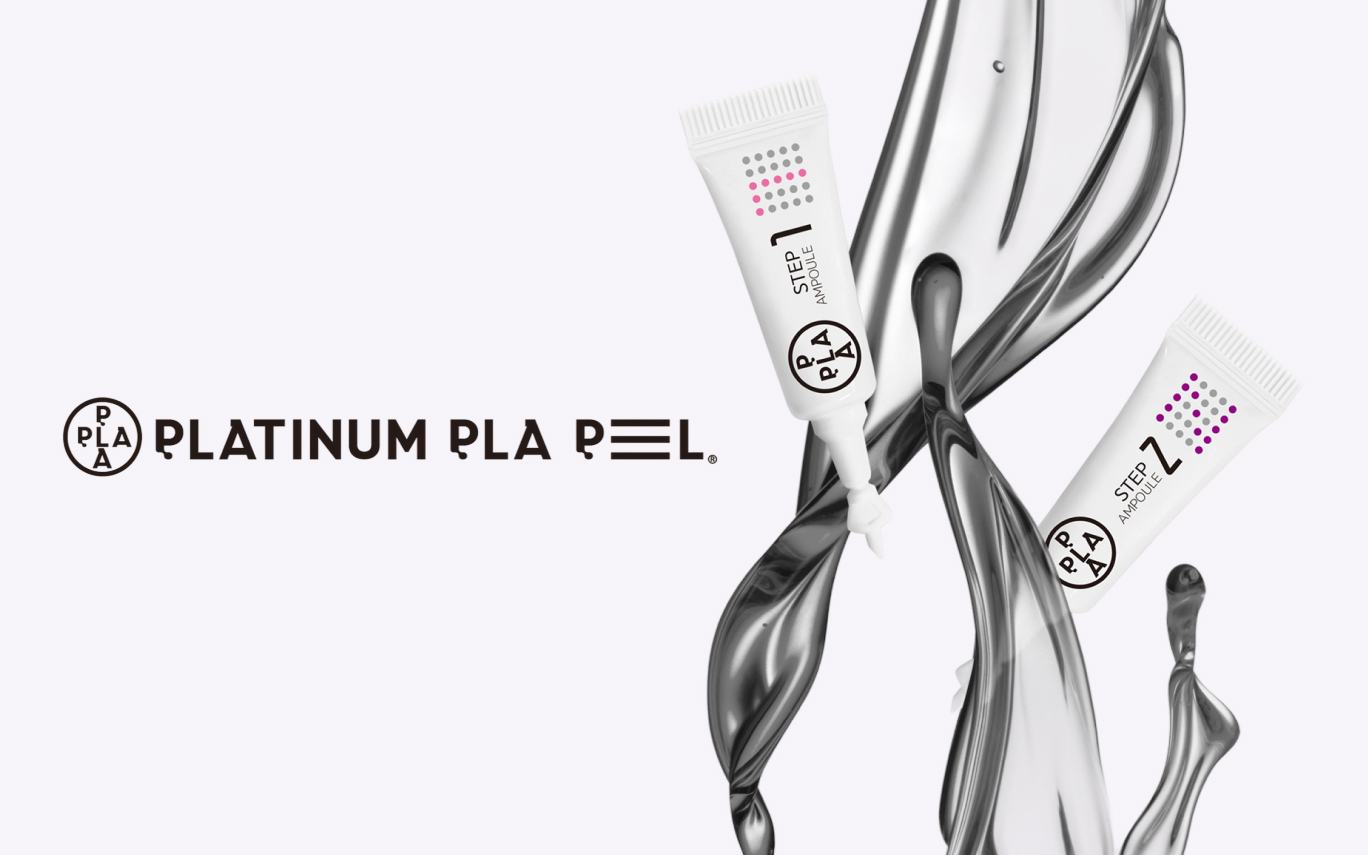 PLATINUM PLA PEELのロゴとSTEP 1・2のアンプル製品イメージ