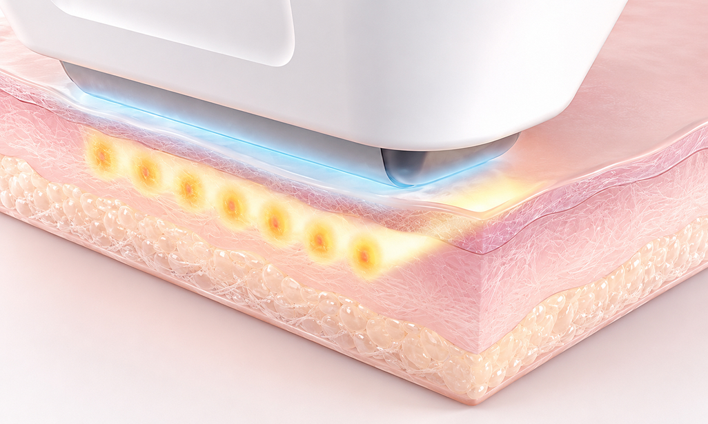 Skin cross-section image of the Sofwave handpiece delivering ultrasound energy to the mid-dermis