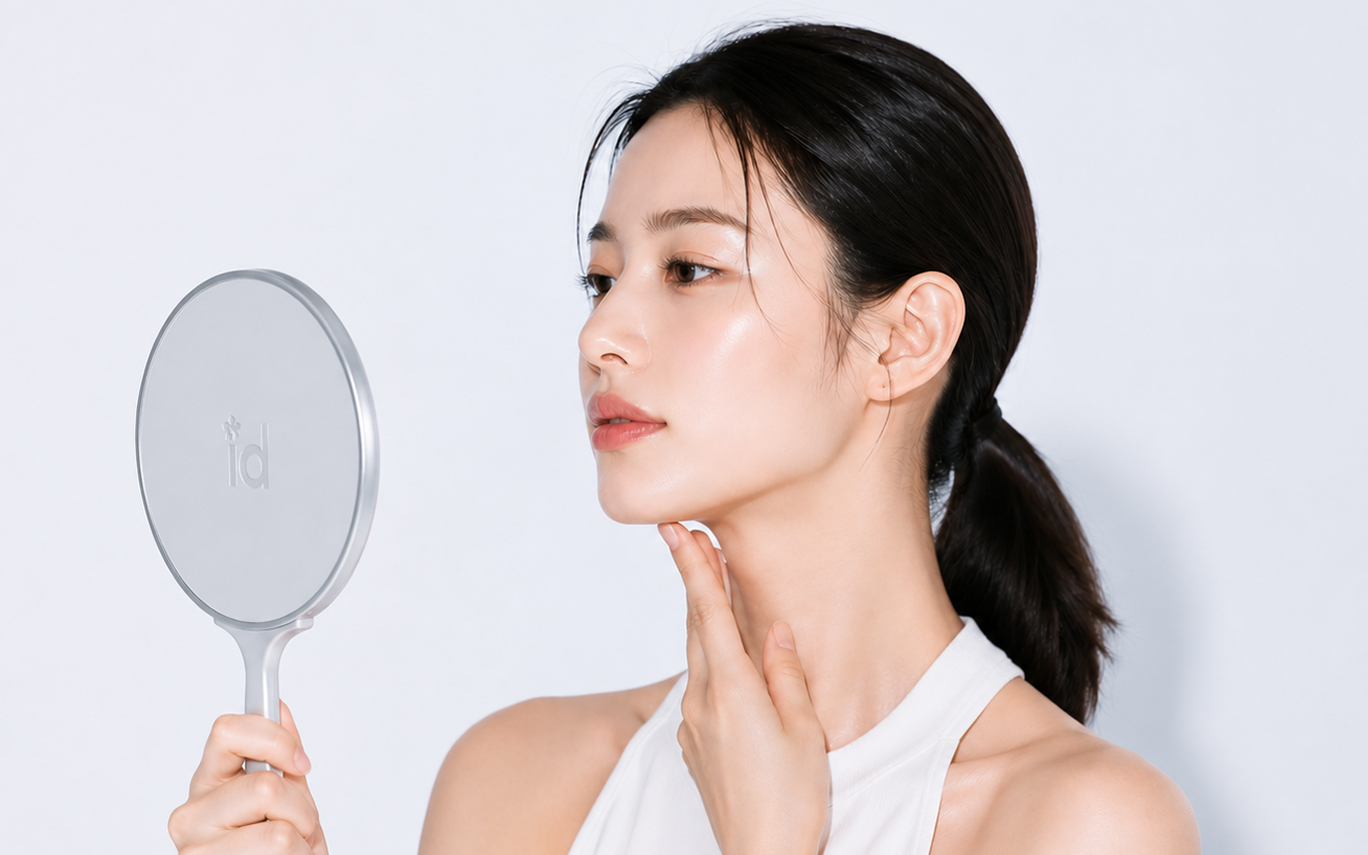 거울을 들고 턱선을 확인하는 모델 이미지